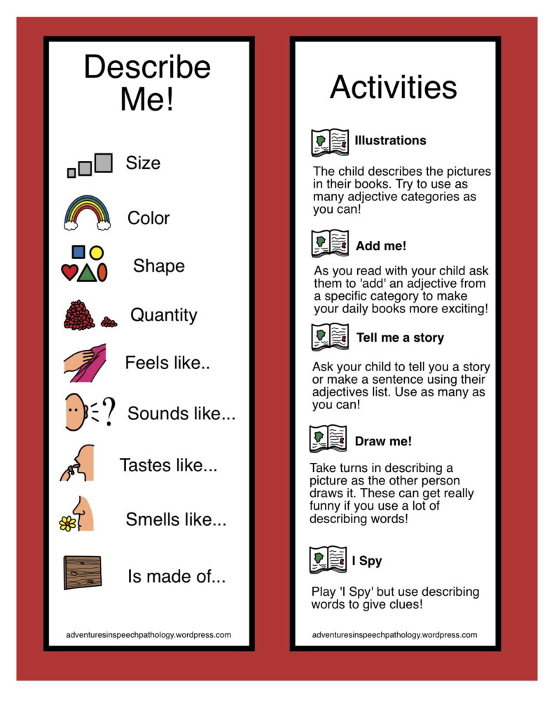 Adjectives Boomark Activities Speech Therapy Materials Speech And 